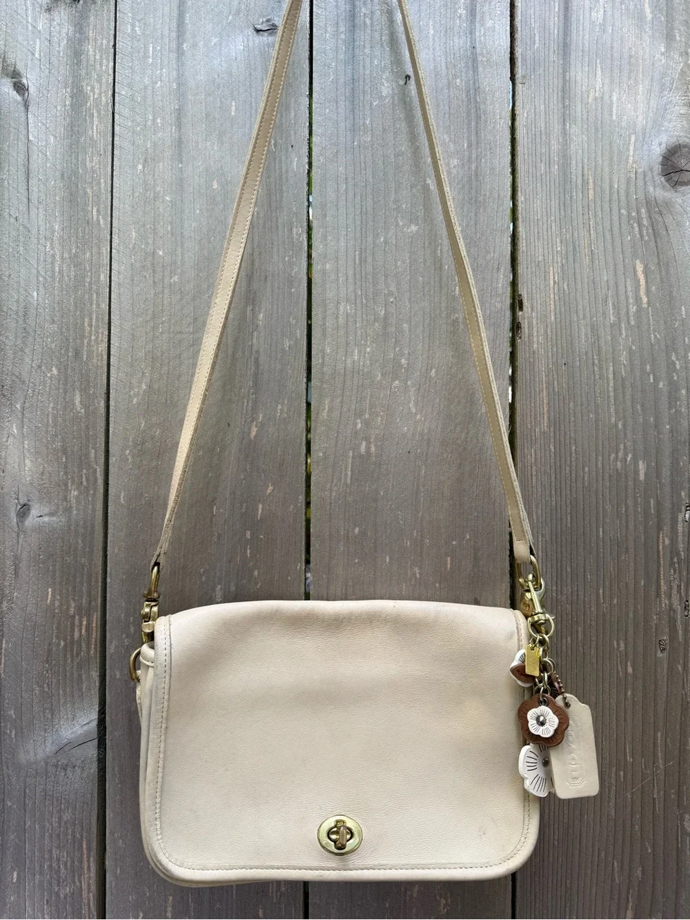 Coach Leather Crossbody Shoulder Bag in Cream with Floral Charm